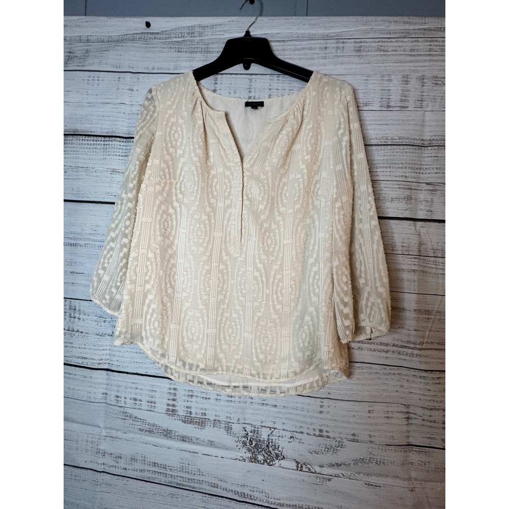 Talbots Womens Cream Geometric Clip Dot Split Neck Blouse 3/4 Sleeve Size M